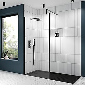 Venice Matt Black Outer Framed 8mm Wetroom Screen with Support Arm (1950mm High) - Various Sizes Med