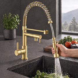 Venice Modern Kitchen Mixer Tap with Swivel Spout & Directional Spray - Brushed Brass