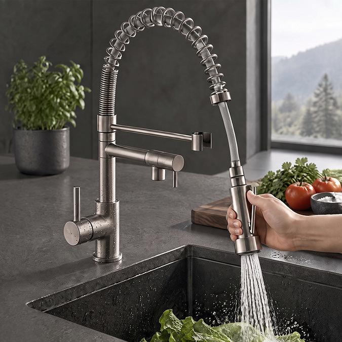 Venice Modern Kitchen Mixer Tap with Swivel Spout & Directional Spray - Brushed Steel