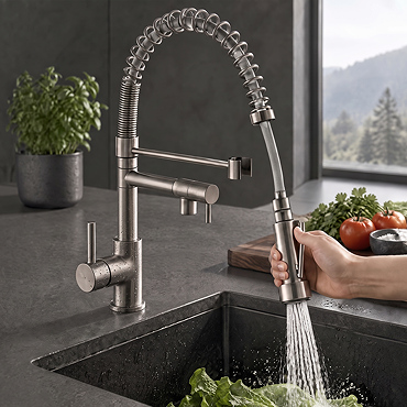 Venice Modern Kitchen Mixer Tap with Swivel Spout & Directional Spray - Brushed Steel