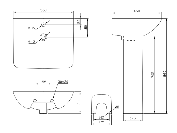 Venice Modern Short Projection Basin & Pedestal (550mm Wide - 1 Tap Hole)