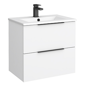 Venice Moderno 600mm White Wall Hung Vanity Unit with 2-Drawer and Matt Black Handles