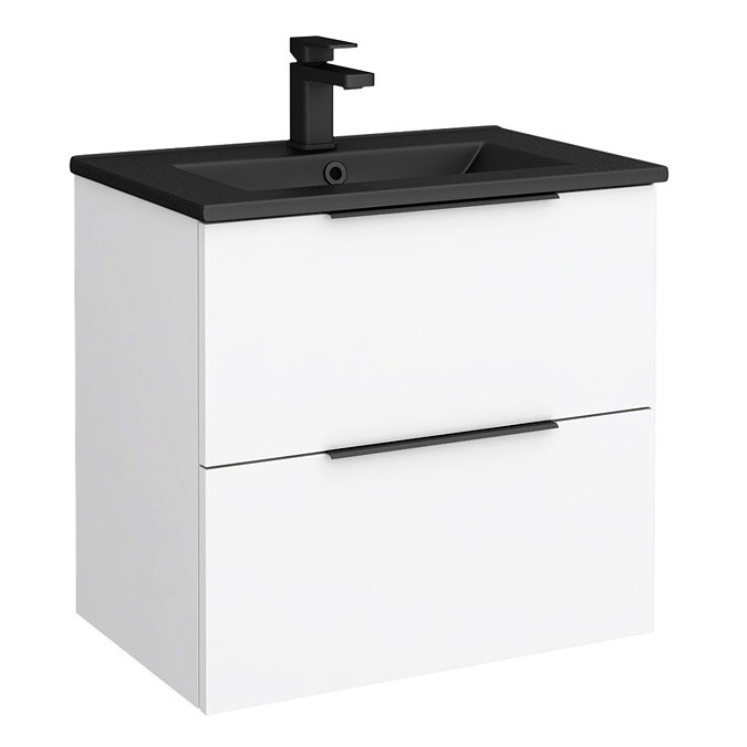 Venice Moderno 600mm White Wall Hung Vanity Unit with 2-Drawer, Matt Black Slimline Basin + Handles