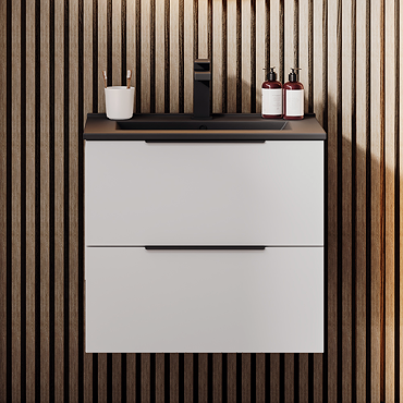 Venice Moderno 600mm White Wall Hung Vanity Unit with 2-Drawer, Matt Black Slimline Basin + Handles