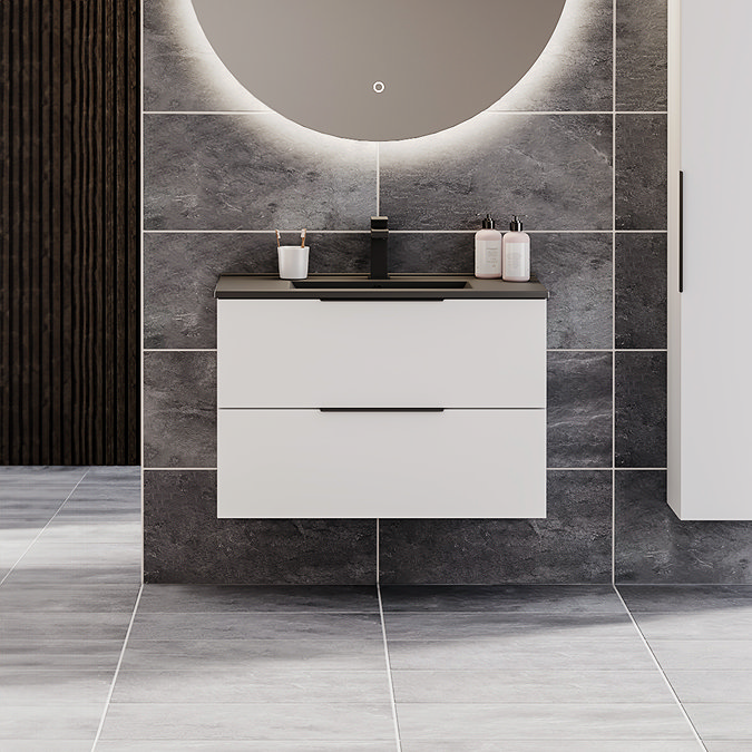 Venice Moderno 800mm White Wall Hung Vanity Unit with 2-Drawer, Matt Black Slimline Basin + Handles