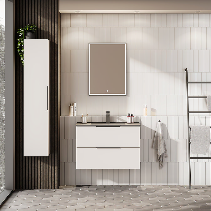 Venice Moderno 800mm White Wall Hung Vanity Unit with 2-Drawer, Matt Black Slimline Basin + Handles