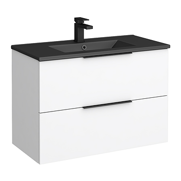 Venice Moderno 800mm White Wall Hung Vanity Unit with 2-Drawer, Matt Black Slimline Basin + Handles