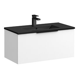 Venice Moderno 800mm White Wall Hung Vanity Unit with Single Drawer, Matt Black Slimline Basin + Handles