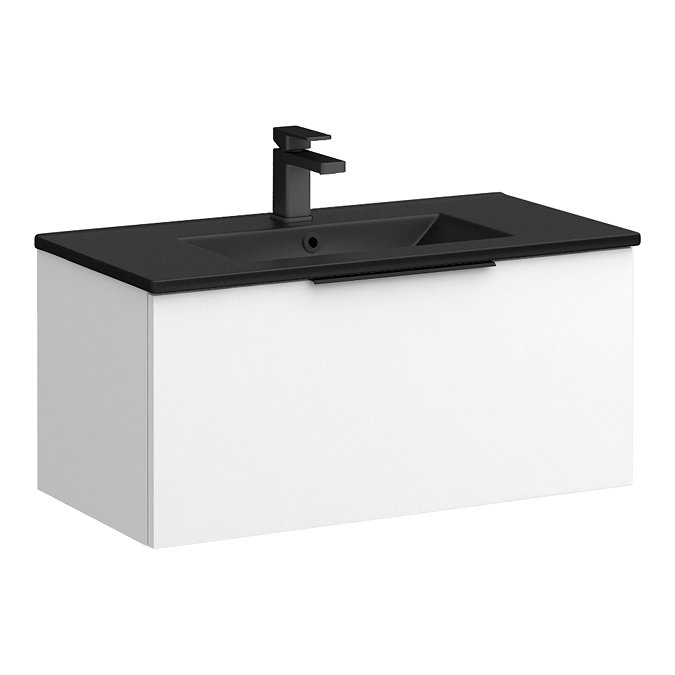 Venice Moderno 800mm White Wall Hung Vanity Unit with Single Drawer, Matt Black Slimline Basin + Handles