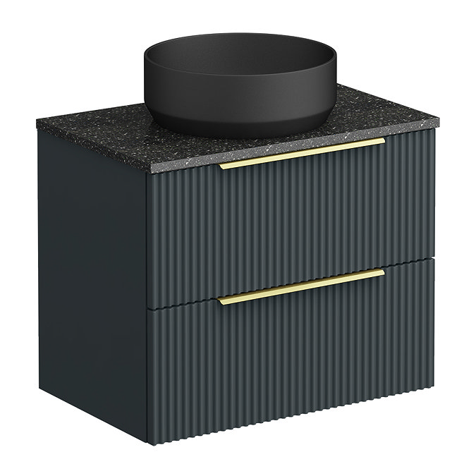 Venice Fluted Satin Anthracite Wall Hung 2-Drawer Countertop Vanity Unit incl. Matt Black Basin (600mm w. Brushed Brass Handles)
