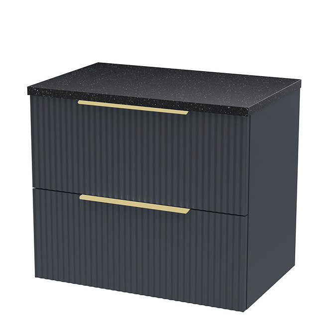 Venice Satin Anthracite Wall Hung 2-Drawer Countertop Vanity Unit incl. Matt Black Basin (600mm w. Brushed Brass Handles)