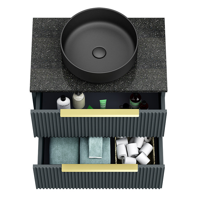 Venice Fluted Satin Anthracite Wall Hung 2-Drawer Countertop Vanity Unit incl. Matt Black Basin (600mm w. Brushed Brass Handles)
