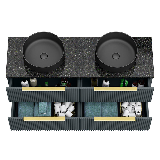 Venice Fluted Satin Anthracite Wall Hung Double Countertop Vanity Unit incl. 2 Matt Black Basins (1200mm w. Brushed Brass Handles)