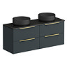 Venice Fluted Satin Anthracite Wall Hung Double Countertop Vanity Unit incl. 2 Matt Black Basins (1200mm w. Brushed Brass Handles)