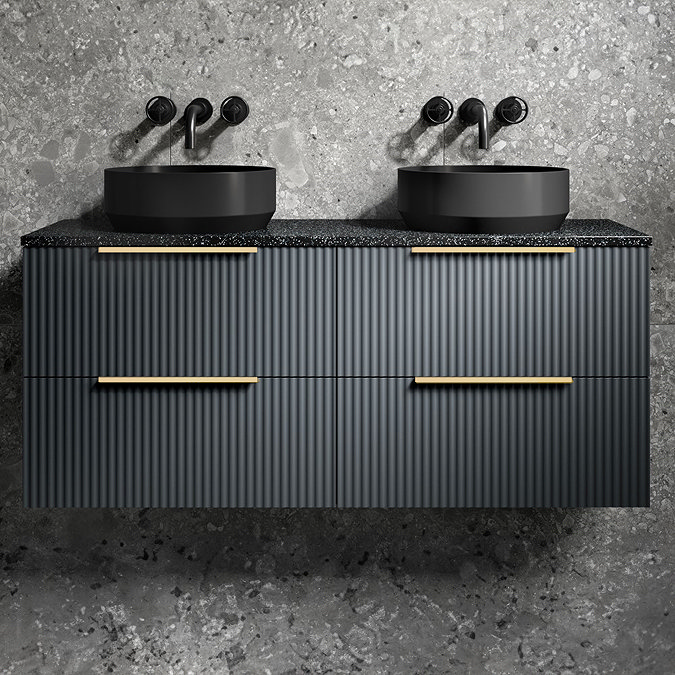 Venice Satin Anthracite Wall Hung Double Countertop Vanity Unit incl. 2 Matt Black Basins (1200mm w. Brushed Brass Handles)