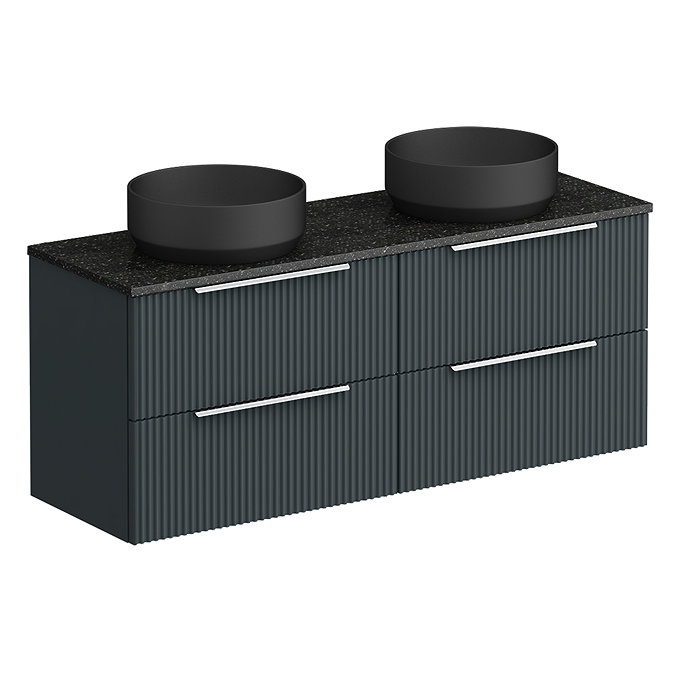 Venice Fluted Satin Anthracite Wall Hung Double Countertop Vanity Unit incl. 2 Matt Black Basins (1200mm w. Chrome Handles)