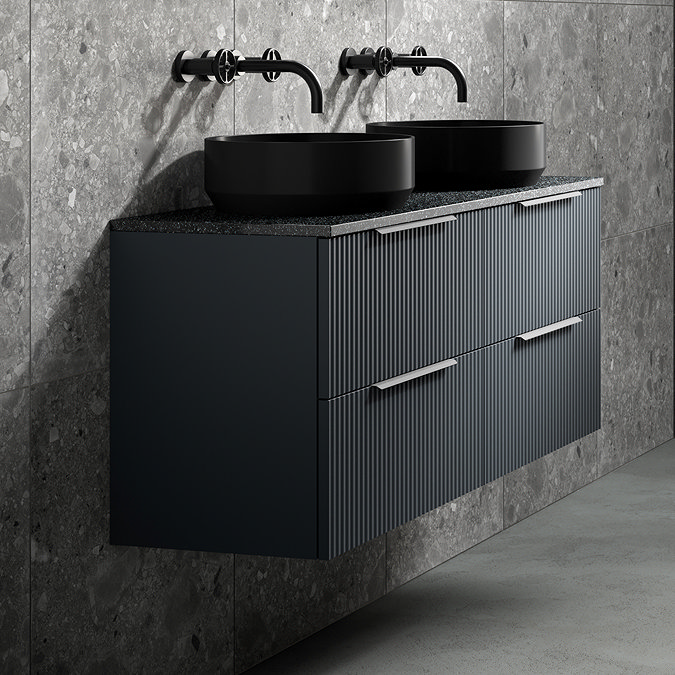 Venice Satin Anthracite Wall Hung Double Countertop Vanity Unit incl. 2 Matt Black Basins (1200mm w. Chrome Handles)