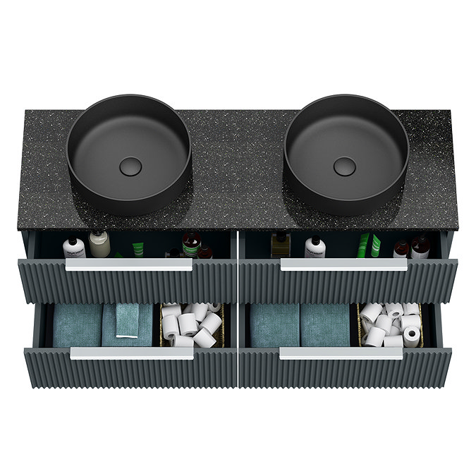 Venice Fluted Satin Anthracite Wall Hung Double Countertop Vanity Unit incl. 2 Matt Black Basins (1200mm w. Chrome Handles)