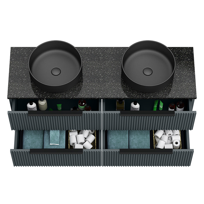 Venice Fluted Satin Anthracite Wall Hung Double Countertop Vanity Unit incl. 2 Matt Black Basins (1200mm w. Matt Black Handles)