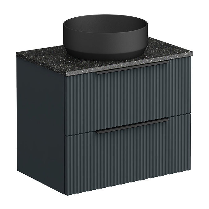 Venice Fluted Satin Anthracite Wall Hung 2-Drawer Countertop Vanity Unit incl. Matt Black Basin (600mm w. Matt Black Handles)