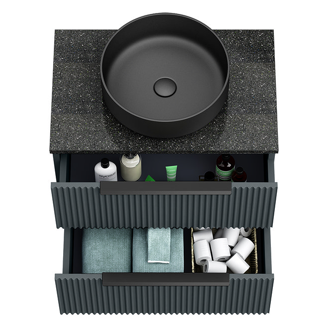 Venice Fluted Satin Anthracite Wall Hung 2-Drawer Countertop Vanity Unit incl. Matt Black Basin (600mm w. Matt Black Handles)