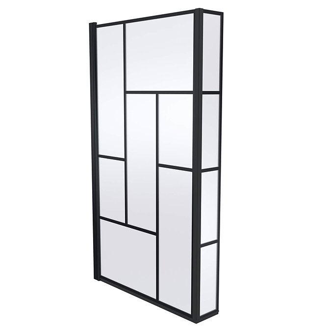 Venice Shower Bath - 1700 L Shaped w. Matt Black Abstract Grid Screen + Satin Blue Panel  Feature La