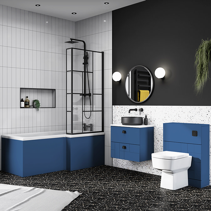 Venice Shower Bath - 1700 L Shaped w. Matt Black Abstract Grid Screen + Satin Blue Panel  Standard Large Image