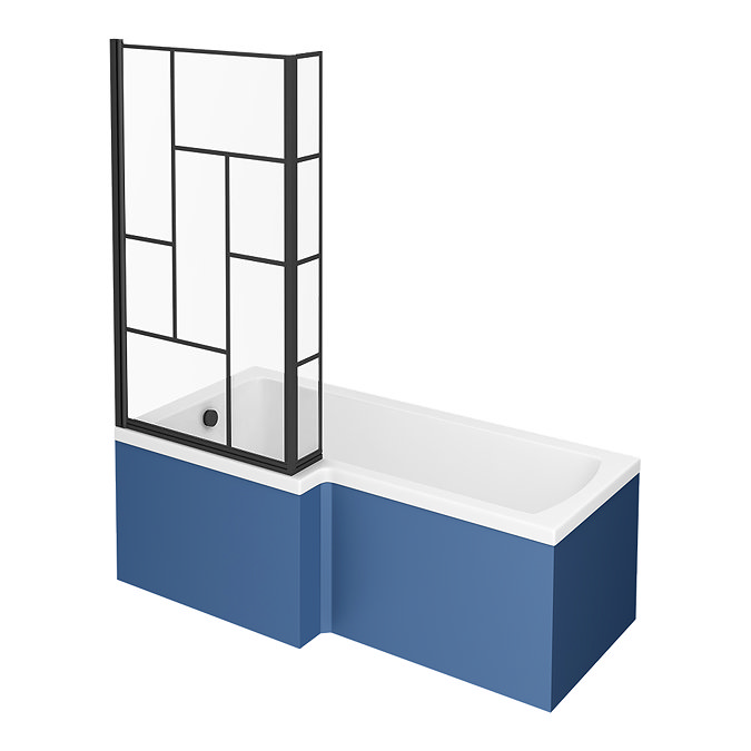 Venice Shower Bath - 1700 L Shaped w. Matt Black Abstract Grid Screen + Satin Blue Panel Large Image