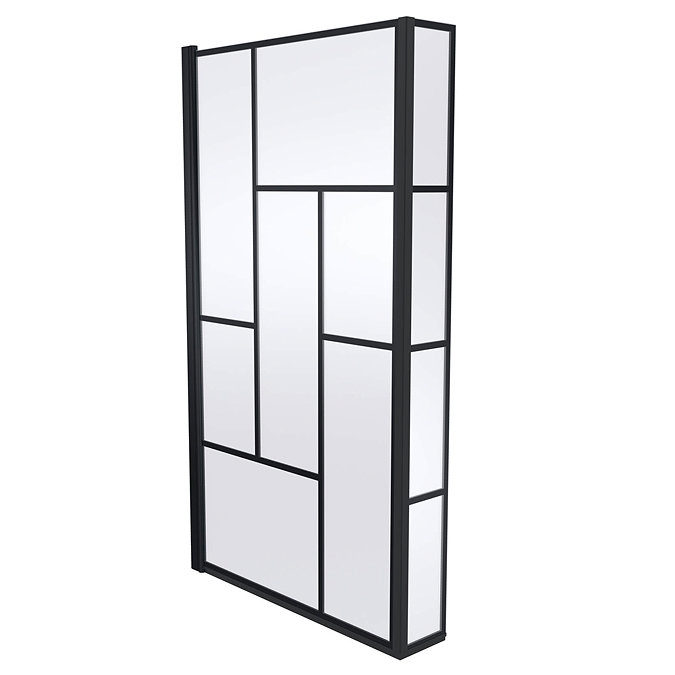 Venice Shower Bath - 1700 L Shaped w. Matt Black Abstract Grid Screen + Satin Grey Panel Feature La