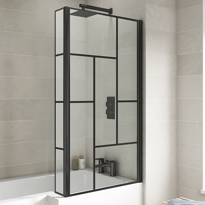 Venice Shower Bath - 1700 L Shaped w. Matt Black Abstract Grid Screen + Satin Grey Panel  Standard L