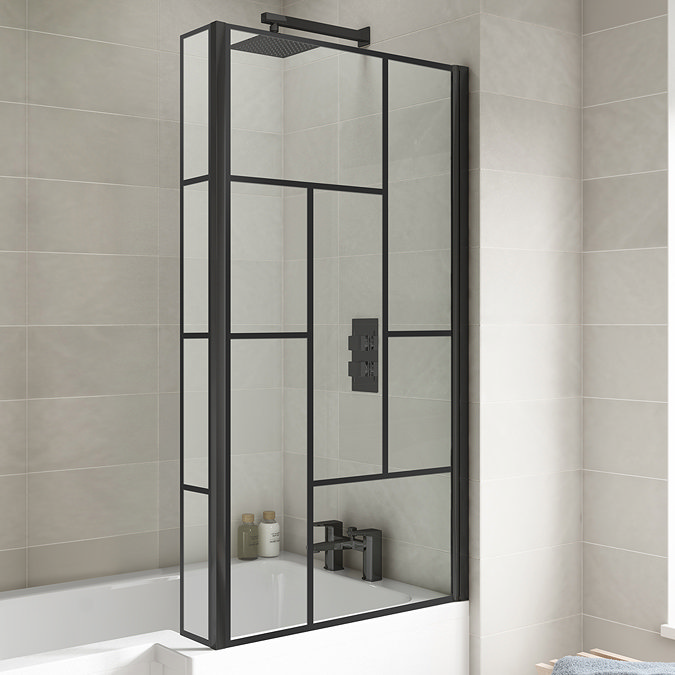 Venice Shower Bath - 1700 L Shaped w. Matt Black Abstract Grid Screen + Satin Grey Panel Standard L