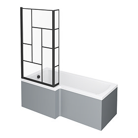 Venice Shower Bath - 1700 L Shaped w. Matt Black Abstract Grid Screen + Satin Grey Panel Large Image