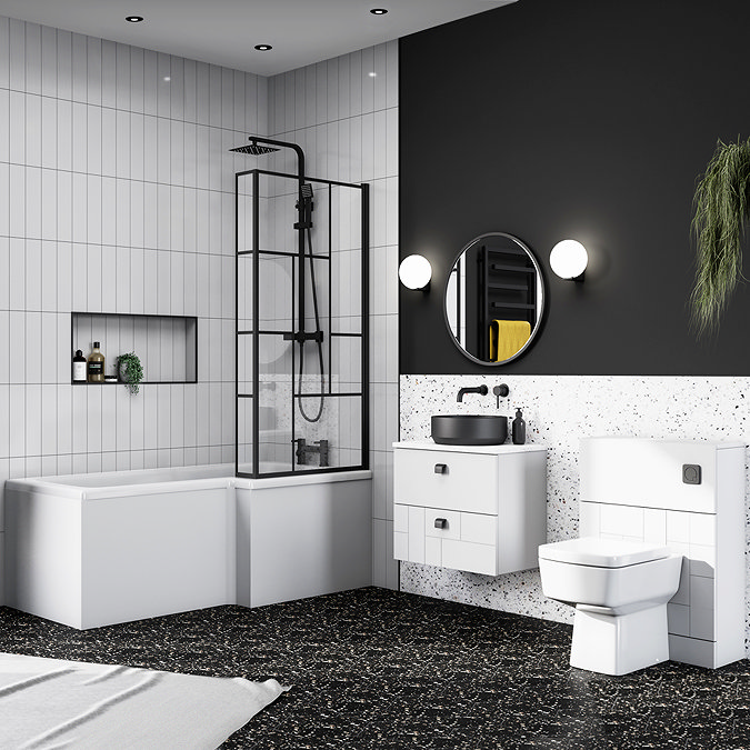 Venice Shower Bath - 1700 L Shaped w. Matt Black Abstract Grid Screen + Satin White Panel Standard Large Image