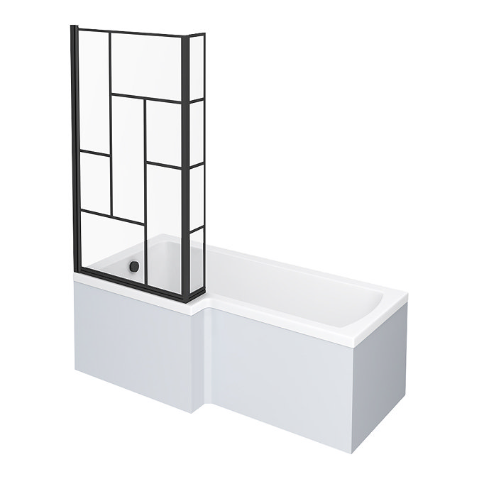 Venice Shower Bath - 1700 L Shaped w. Matt Black Abstract Grid Screen + Satin White Panel Large Imag