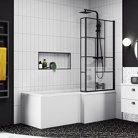 Venice Shower Bath - 1700mm L Shaped with Matt Black Abstract Grid Screen + Panel Right Hand Option