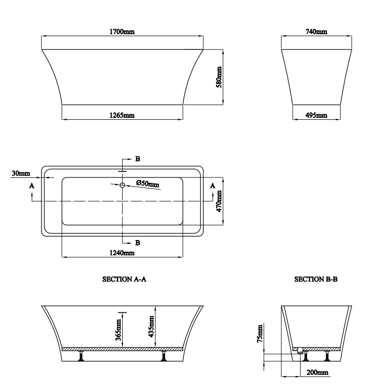 Venice Square Modern Freestanding Bath – 1690 x 740mm