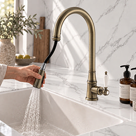 Venice Traditional Kitchen Mixer Tap with Swivel Pull Out Spout Single Lever Antique Brass Pull Out