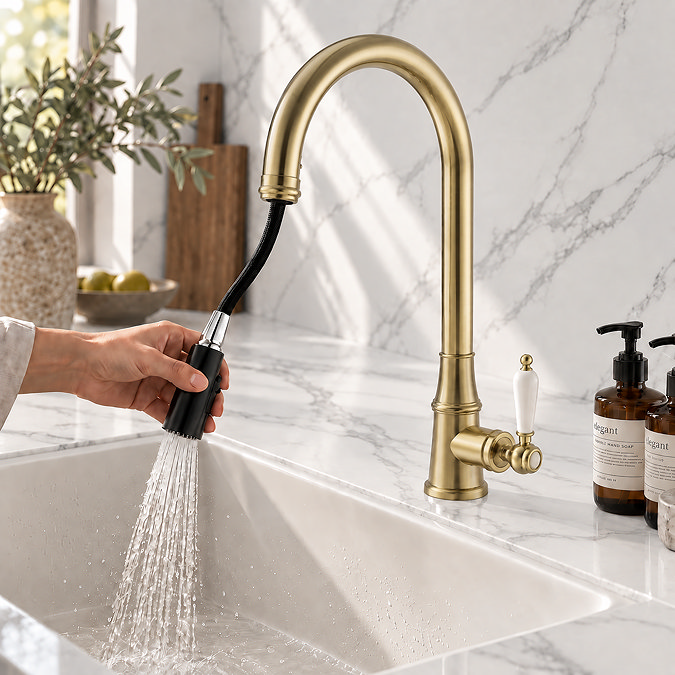 Venice Traditional Kitchen Mixer Tap with Swivel Pull Out Spout - Brushed Brass