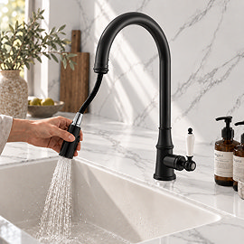Venice Traditional Kitchen Mixer Tap with Swivel Pull Out Spout - Matt Black