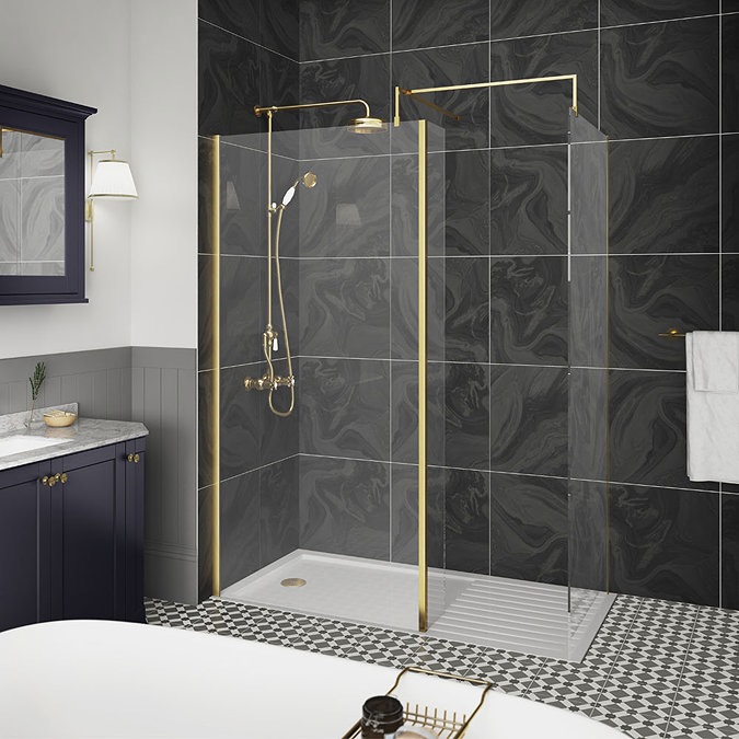 Venice Brushed Brass Wetroom Screen with Retaining Arm (1950mm High) - Various Sizes  Feature Large 