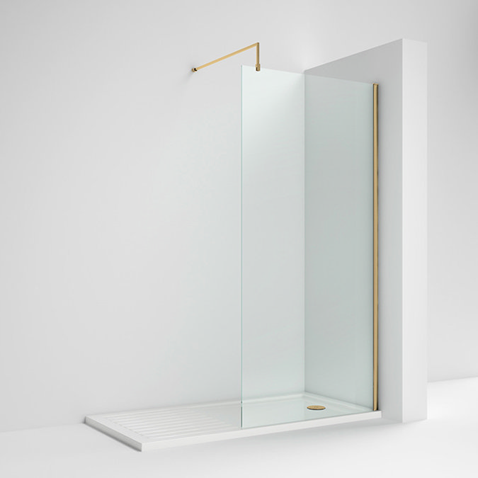 Venice Brushed Brass Wetroom Screen with Retaining Arm (1950mm High) - Various Sizes  Standard Large Image