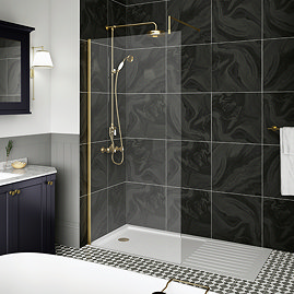 Venice Brushed Brass Wetroom Screen with Retaining Arm (1950mm High)