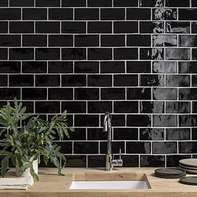 Vernon Rustic Black Gloss Ceramic Wall Tiles 75 x 150mm