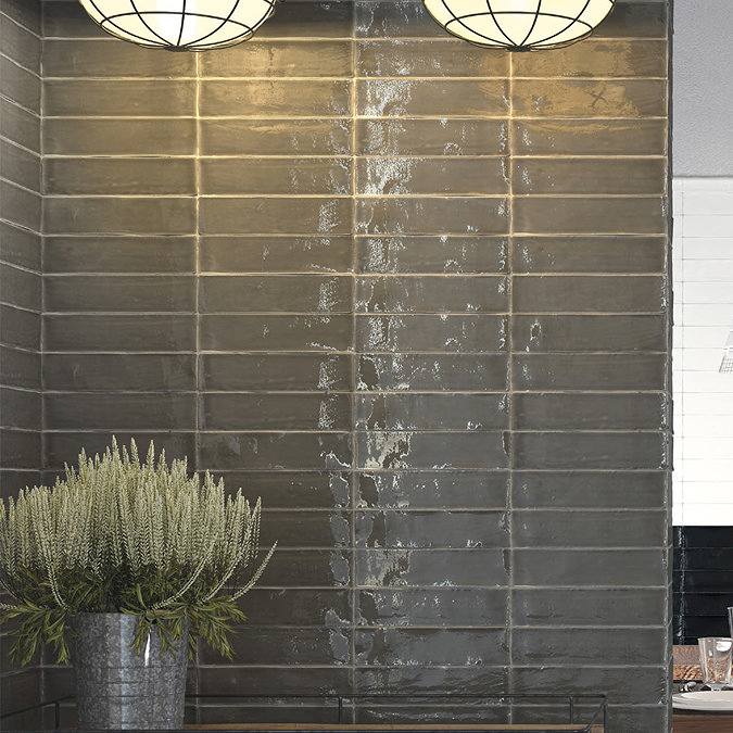 Vernon Rustic Graphite Gloss Ceramic Wall Tiles 75 x 300mm Feature Large Image