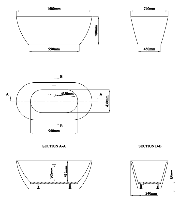 Verona Thin Edge Freestanding Modern Bath (1500 x 740mm) with Waste