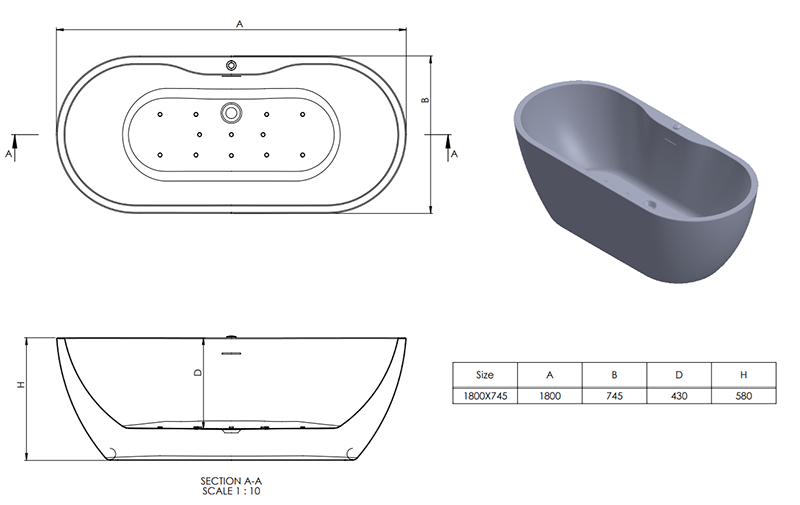 Verona Whirlpool 1800mm Freestanding Bath with 12 Jet Airspa System