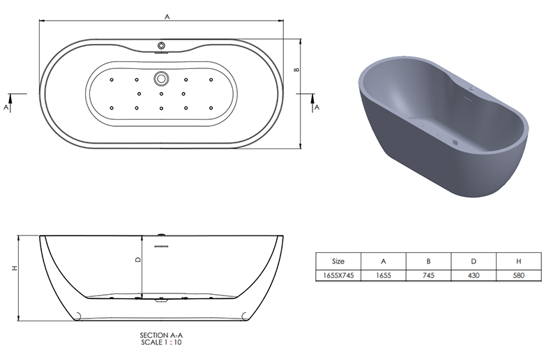 Verona Whirlpool Double-Ended Freestanding Bath with Matt Black 12-Jet Air Spa System & Matt Black Waste