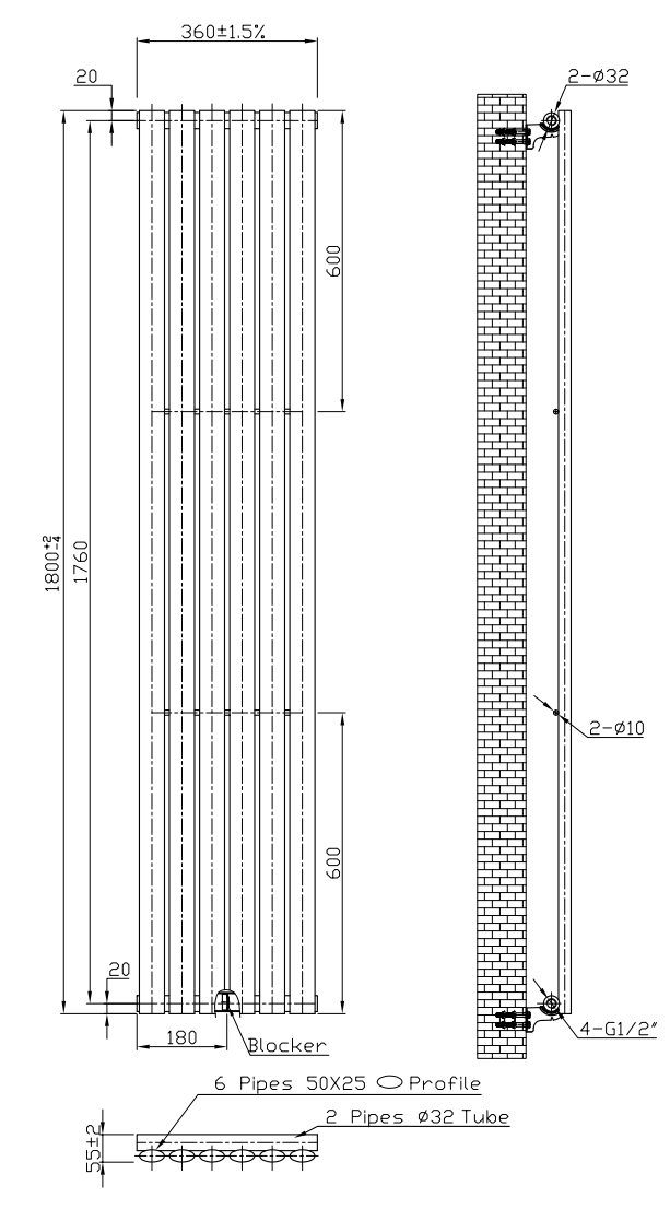 Vertical Radiator - Chrome - Single Panel (H1800 x W360mm)
