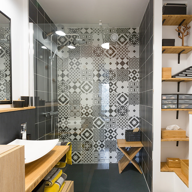 Vibe Charcoal Grey Patterned Wall and Floor Tiles - 223 x 223mm  In Bathroom Large Image