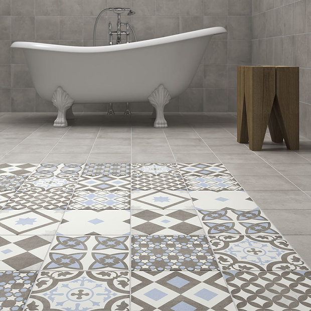 Vibe Light Blue Patterned Wall and Floor Tiles - 223 x 223mm  In Bathroom Large Image